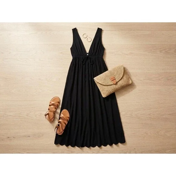 Rhea Womens Small/Medium Black Maxi Dress Sleeveless Deep V Neck Empire Waist - Picture 2 of 10